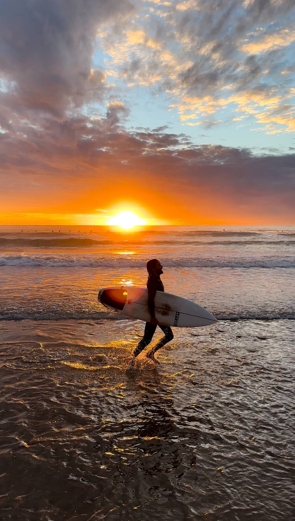 Surfer walking out of the water with his board at sunset