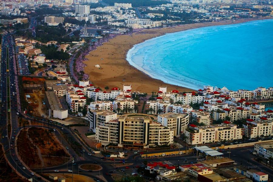 The long sandy beach of Agadir bay, Morocco, seen from the hill above the city